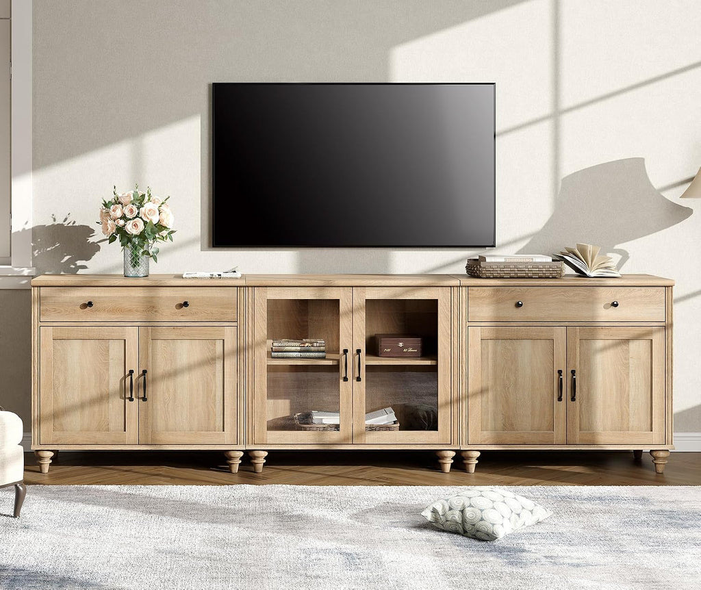 WAMPAT Modern TV Stand for 100 Inch TV, 3-in-1 TV Console Table for 75/80/85/90 Inch TV, Farmhouse Entertainment Center with Glass & Wood Door, Kitchen Sideboard Buffet Cabinet for Dining Room, Oak