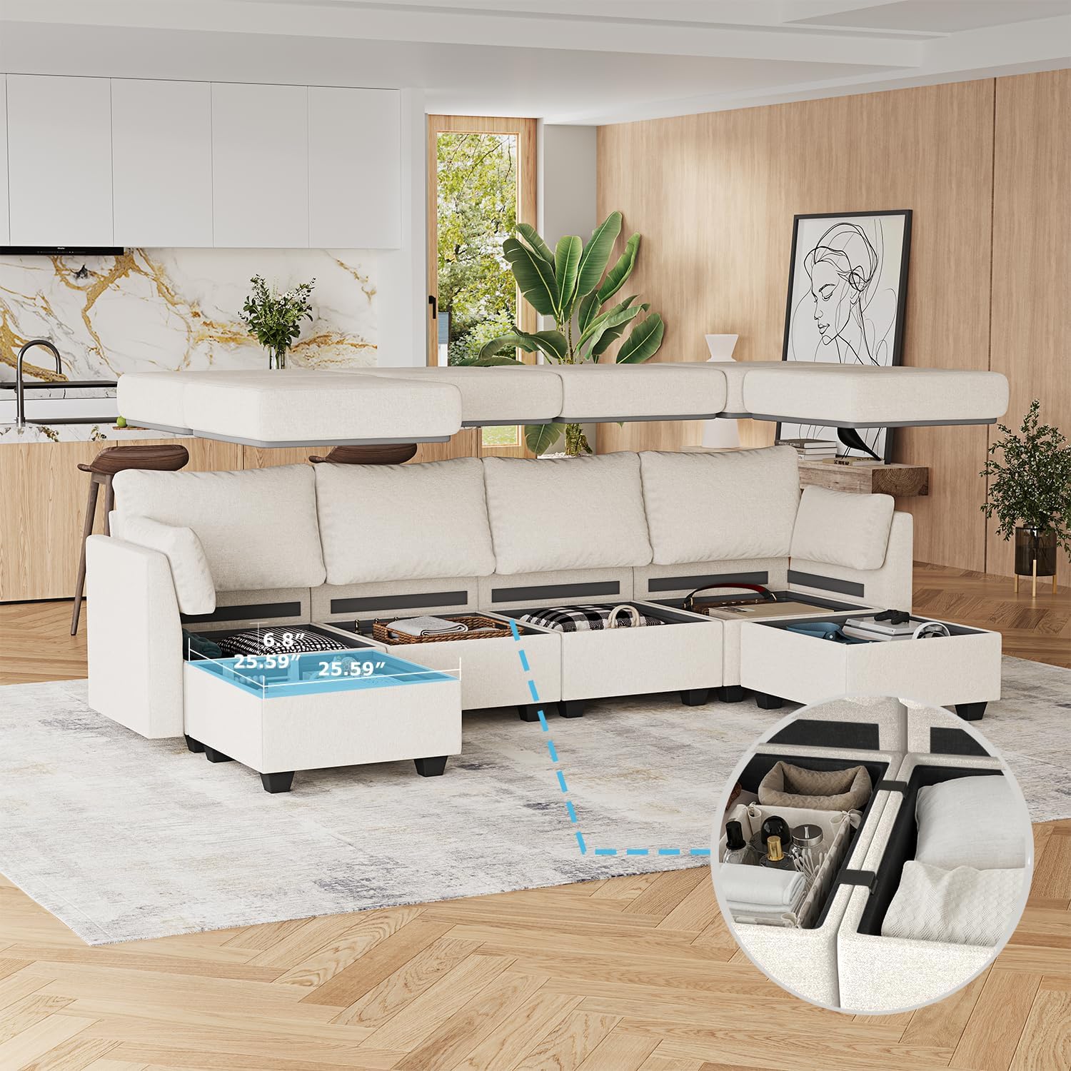 114.17' Modular Sectional Sofa, 6 Seat Sectional Couches with Storage, Memory Foam, Convertible Modular Couch for Living Room, U Shaped Comfy Modular Sofa with Chaise, Beige