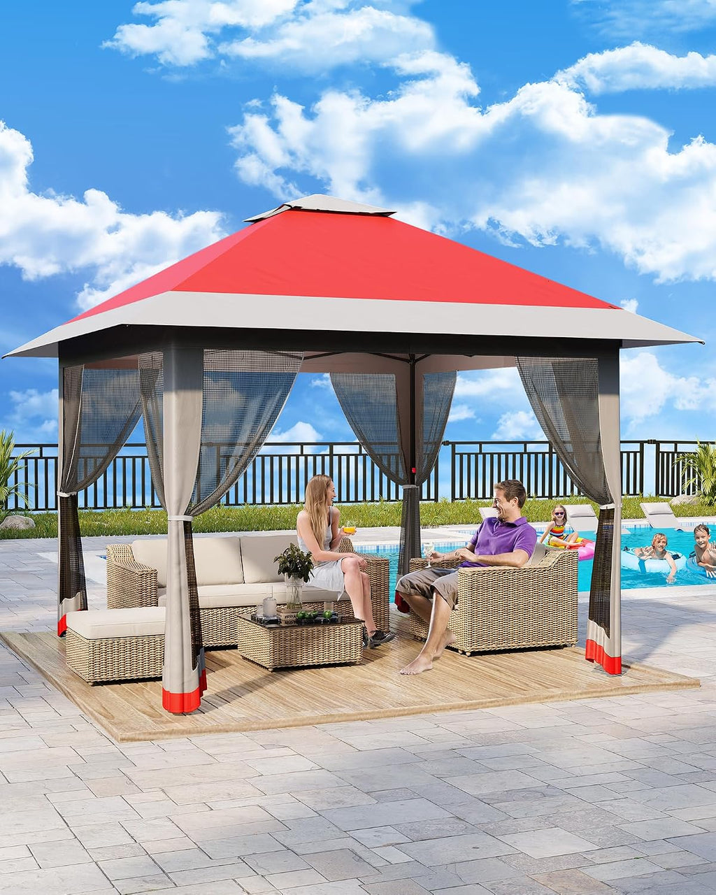 13x13 Pop Up Gazebo, Outdoor Canopy Tent with Double Roof and Mesh Netting, Gazebo Tent with Large Space and Adjustable Height for Backyard, Garden, Patio, Lawn, Red + Light Gray