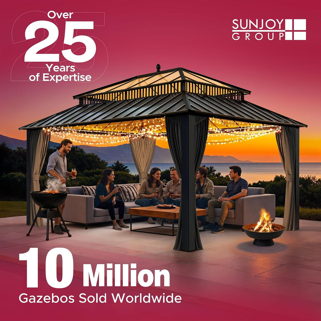 SUNJOY 10x12 Hardtop Gazebo with Heavy-Duty Galvanized Steel Double Roof, Mosquito Netting & Woodgrain Finish Beams, Permanent Pavilion Gazebo for Garden, Patio, Deck, Lawn