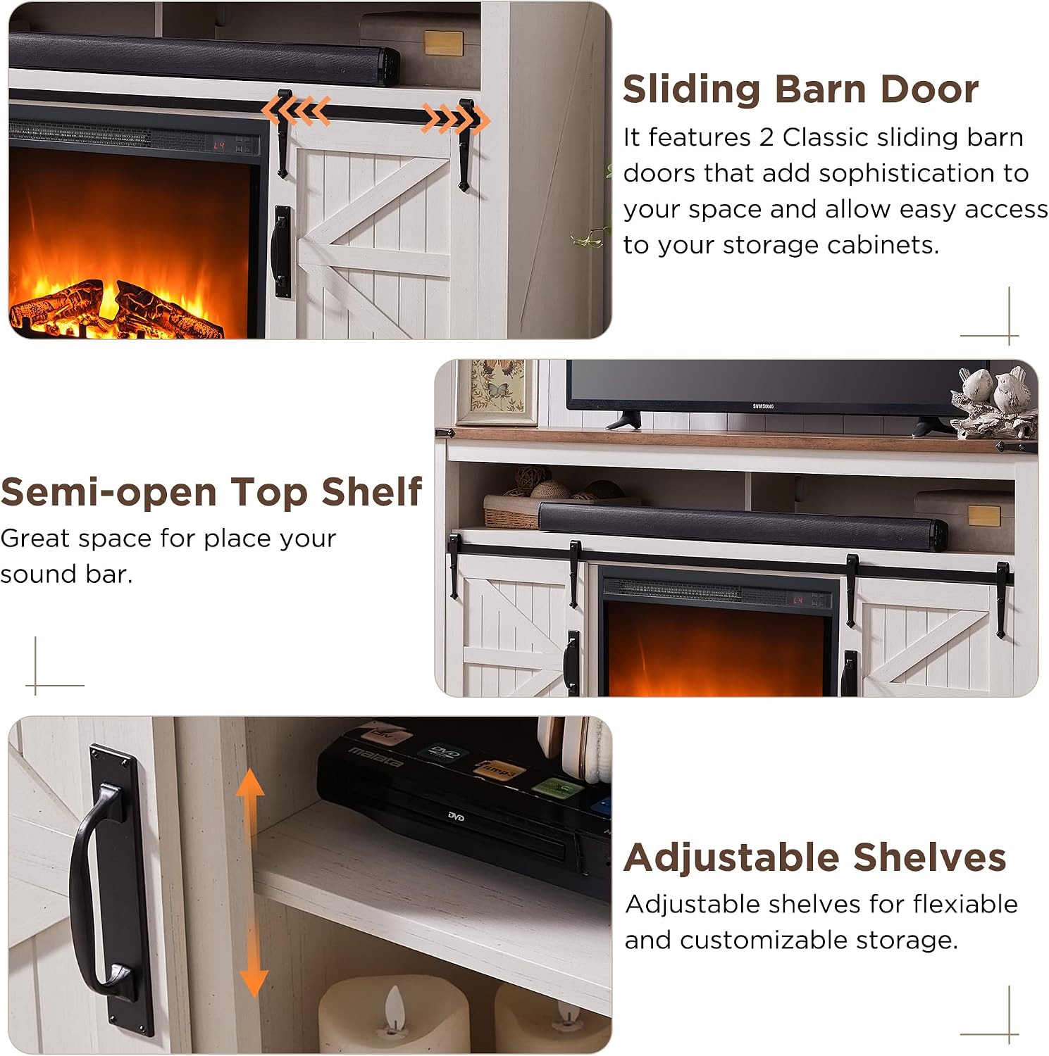 OKD Fireplace TV Stand for 65+ Inch TV, 33' Tall Highboy Farmhouse Entertainment Center w/ 23'' Electric Fireplace, Rustic Media Console w/Sliding Barn Door for Living Room, Antique White
