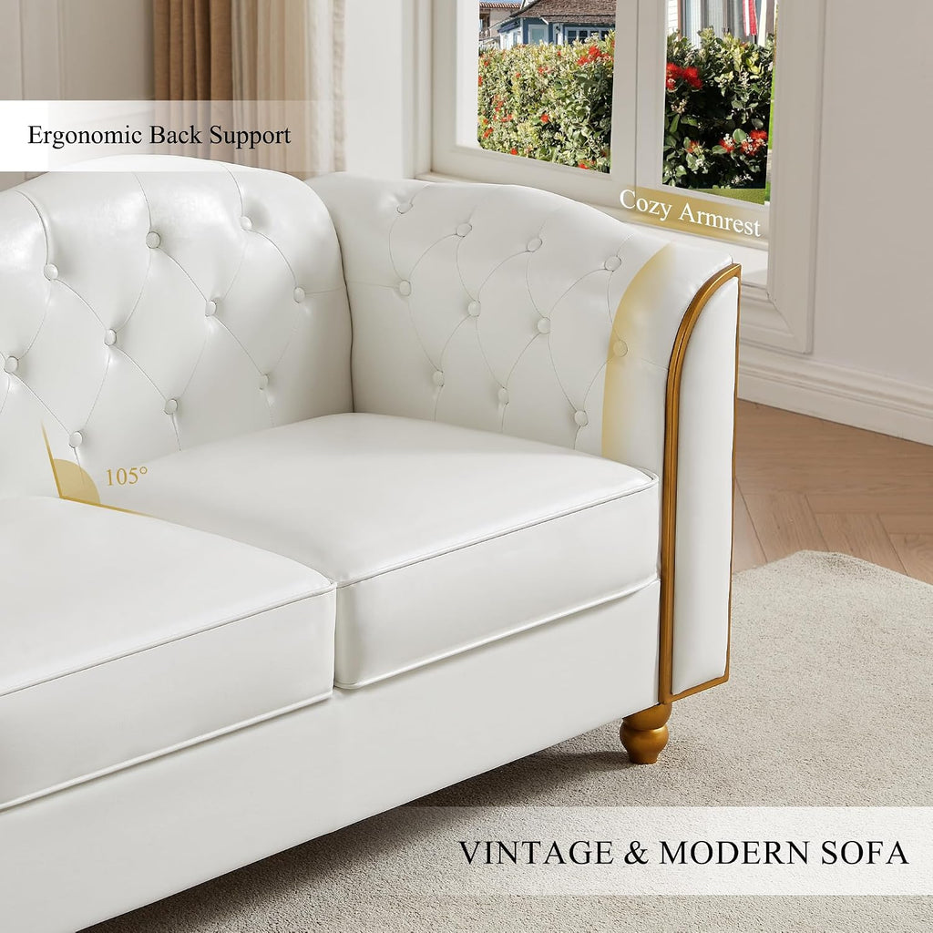 HITHOS 78' Leather Sofa Couch, Soft 3 Seater Sofa Couches for Living Room, Button Tufted Comfy Couch Modern Sofa with Upholstered Cushion, Gold Trim, Solid Wood Legs for Dorm Bedroom Apartment, White