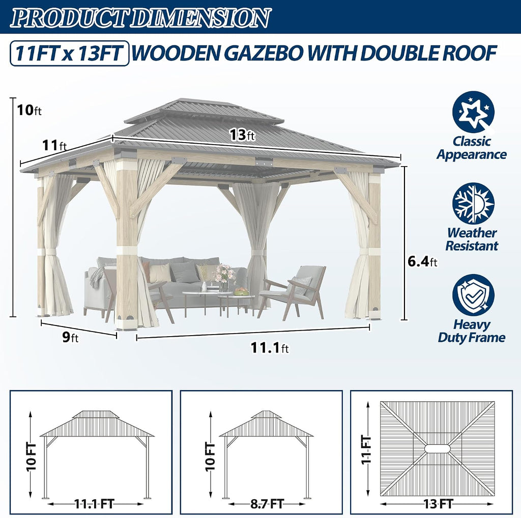 COVERONICS 11FT x 13FT Outdoor Wood Gazebo - Patio Wooden Gazebo with Galvanized Steel Hardtop, Heavy-Duty Double Roof Gazebos with Netting & Curtains for Garden, Poolside, Deck, Backyard