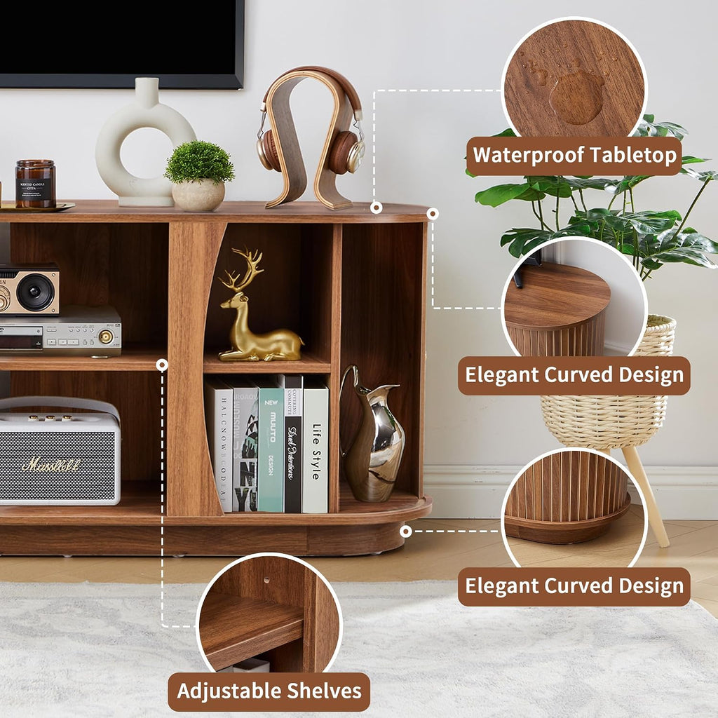 Turtle & Myrtle 63' Mid Century Modern TV Stand for Tvs up to 70', Fluted TV Media Console Table with Storage and Adjustable Shelves, Curved Edge Entertainment Center for Living Room (Brown)