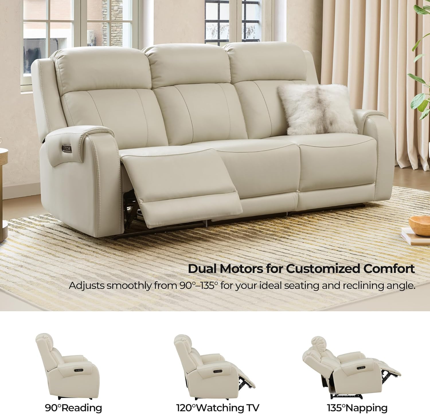 CHITA Genuine Leather Power Recliner Sofa, Wall Hugger Reclining Sofa with Console, Power Headrest, Dual Motor, USB Charging Ports, Recliner Couch for Living Room, RV, Leather in Cream