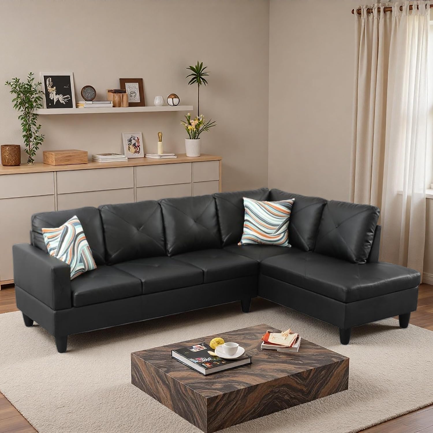 Sectional L-Shaped Couches for Living Room, Modular Convertible Sofa with Movable Chaise for Apartment & Bedroom, Modern 4-Seater Couch Living Room Sets Furniture, Black