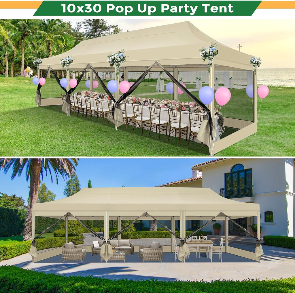 COBIZI 10x30 Heavy Duty Pop Up Canopy Tent with 8 Sidewalls, Easy Set Up Outdoor Waterproof Screen Commercial Party Tent with Mosquito Netting for Parties Backyard Patio, Roller Bag, Khaki