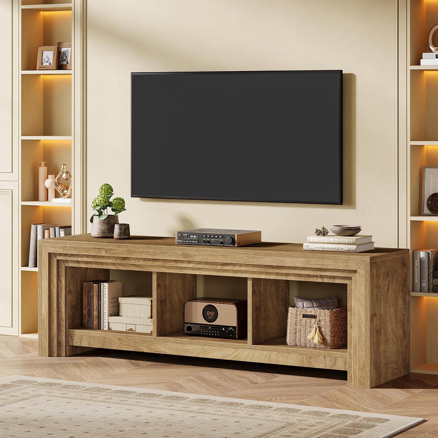 Tribesigns 63' TV Stand for TVs Up to 75 Inches, Farmhouse Entertainment Center with Open Storage, Media Console for Living Room, Oak