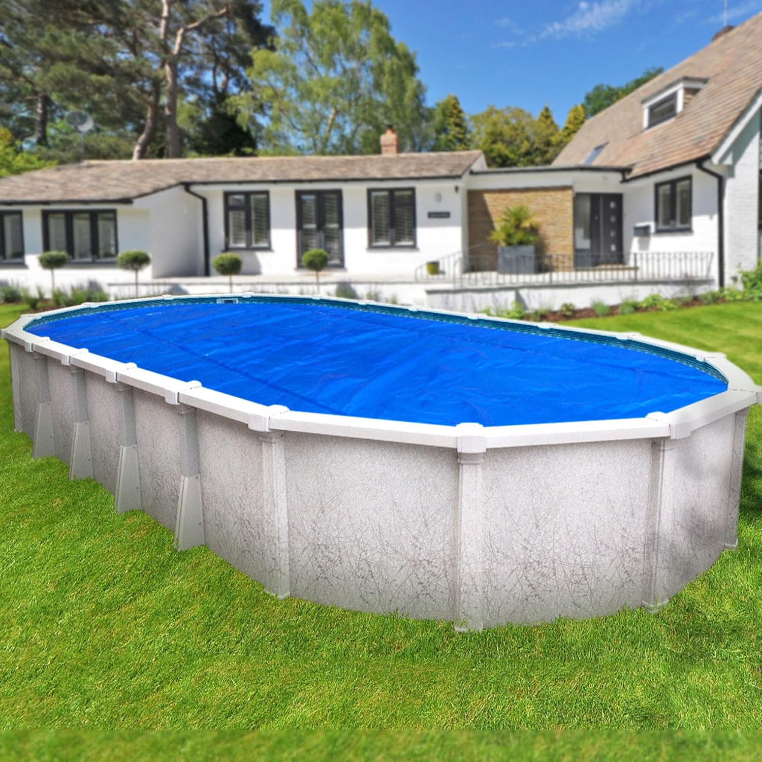 Pool Mate 18 x 33 Ft Blue/Silver Deluxe Oval Solar Cover for Above Ground Pool, Pool Solar Cover, 8-Mil Thick, 5-Year Warranty, Made in USA