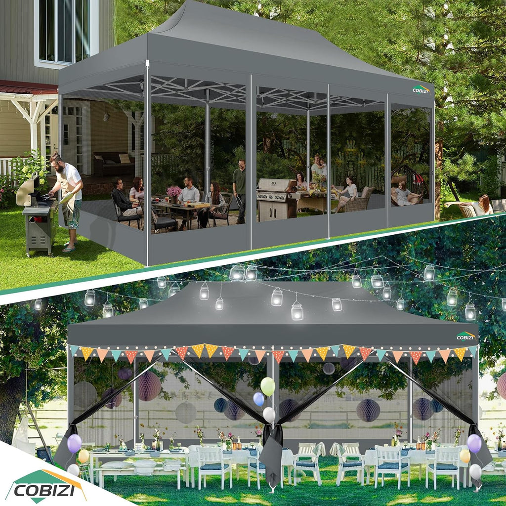 COBIZI 10x20 Canopy Tent with 6 Sidewalls,Heavy Duty Pop up Canopy with Mosquito Netting,Easy up Screen Tent for Parties Wedding Outdoor Patio with Roller Bag,Gray