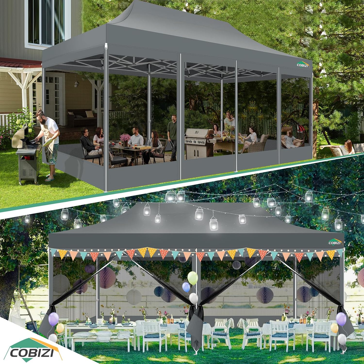 COBIZI 10x20 Canopy Tent with 6 Sidewalls,Heavy Duty Pop up Canopy with Mosquito Netting,Easy up Screen Tent for Parties Wedding Outdoor Patio with Roller Bag,Gray