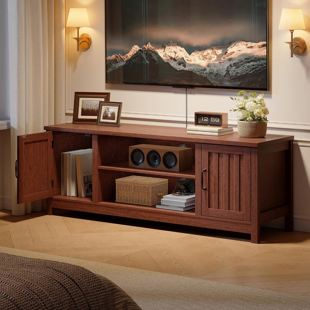 ChooChoo 54' Farmhouse TV Stand for TVs up to 65 inches, Entertainment Center with Storage Cabinets, Open Shelves and Fluted Door, TV Console Table for Living Room, Bedroom, Walnut