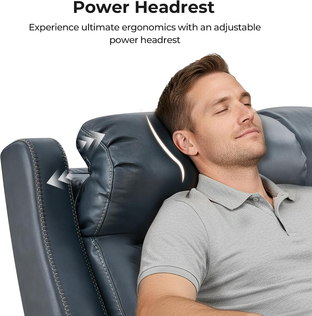 CHITA Genuine Leather Power Recliner Sofa, Wall Hugger Reclining Sofa with Power Headrest, Dual Motor, USB Charging Ports, Recliner Couch for Living Room, RV, Leather in Navy