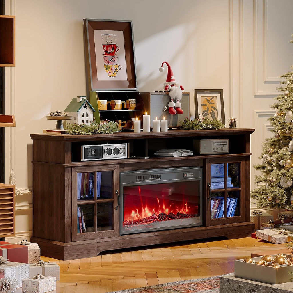 58' Farmhouse TV Stand with 23' Fireplace for TVs up to 80', Media Entertainment Center with Adjustable Shelves and Large Storage Cabinets, for Living Room, Brown & Black