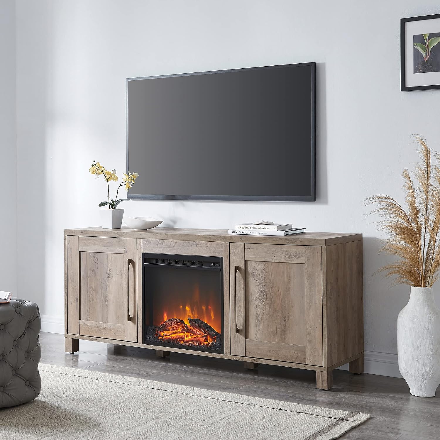 Chabot Rectangular TV Stand with Log Fireplace for TV's up to 65' in Gray Oak