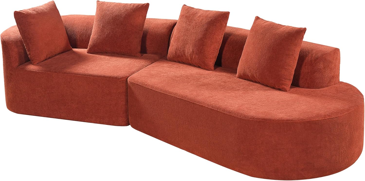 Merax 2-Piece 116' L-Shaped Modular Sectional Sofa Set, 4 Seat Fully Assembled Curved Upholstery Couch with High-Density Compressed Sponge, Chaise Lounge & 4 Pillows for Living Room, Orange