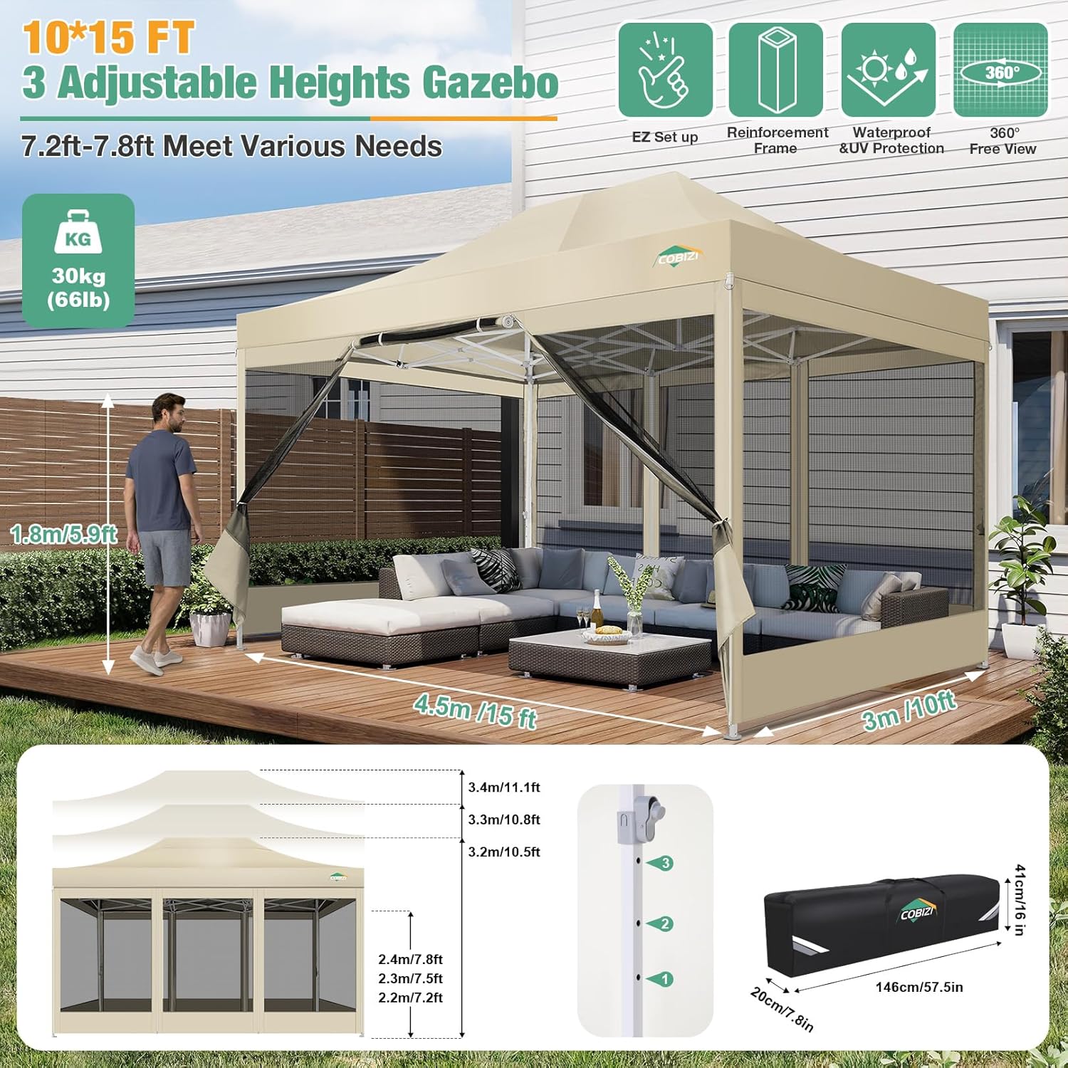 COBIZI 10x15 Canopy Tent, Heavy Duty Pop up Canopy with Sidewalls, Waterproof Easy Setup Canopy with Mosquito Netting, Outdoor Instant Screen Tents for Parties, Wedding, Backyard with Carry Bag, Khaki