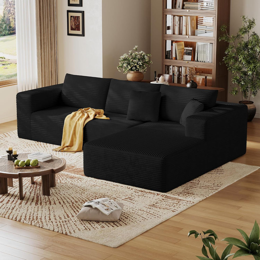 CHORRO108''Sectional Boneless Cloud Sofa,Modern Modular L-Shape Couch for Living Room,Corduroy Convertible Sponge Sleeper Sofas,Upholstered Lougne Chaise Couchs-with Soft Pillow (Black, Lshaped-Right)
