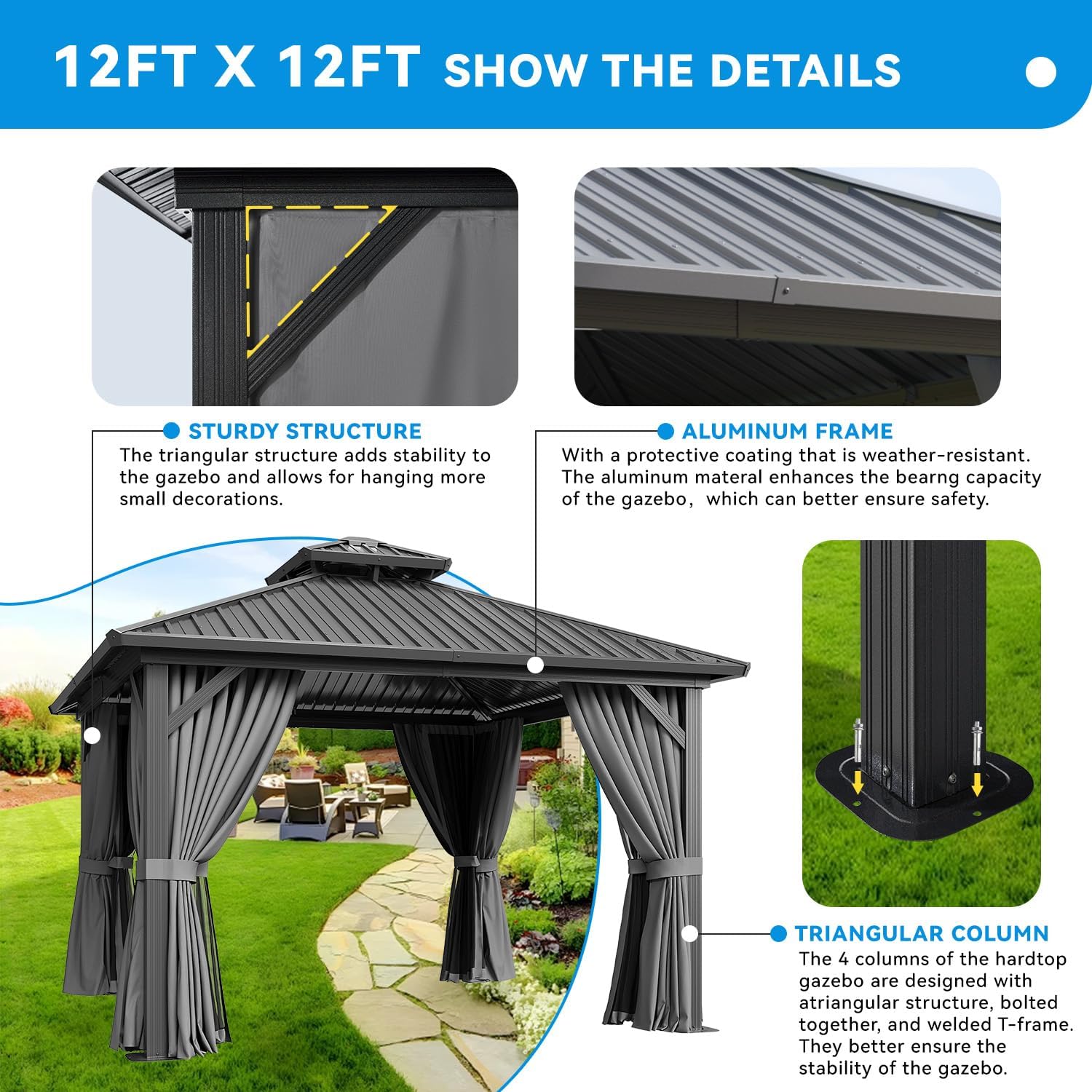 12' x 12' Hardtop Gazebo, Aluminum Frame with Double Galvanized Steel Roof, Outdoor Metal Pavilion with Netting and Curtains for Patio, Backyard, and Deck