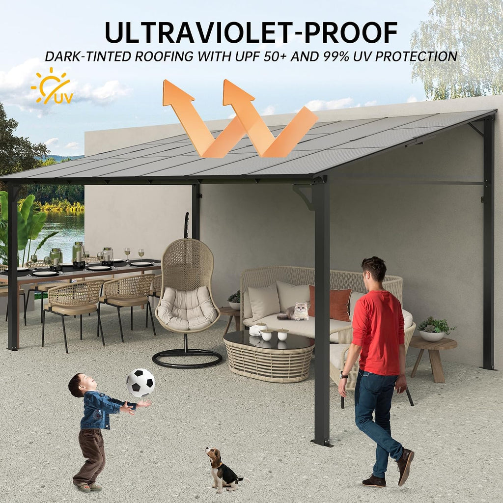 12' x 14' Hard Top Gazebo with Metal Frame, Sloped Roof Wall Mounted Pergola for Patio Deck Backyard, Outdoor Pergolas and Gazebos
