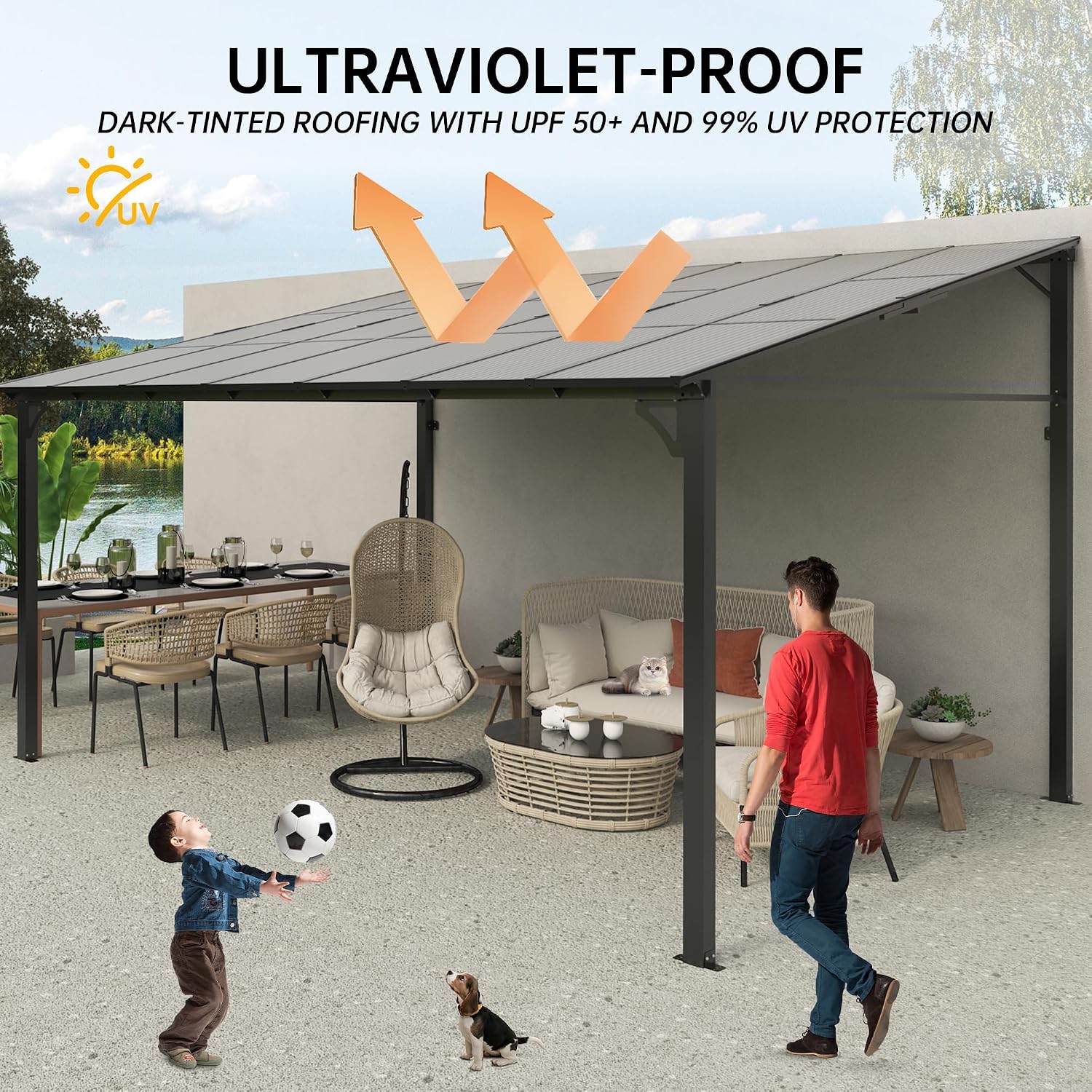 12' x 14' Hard Top Gazebo with Metal Frame, Sloped Roof Wall Mounted Pergola for Patio Deck Backyard, Outdoor Pergolas and Gazebos