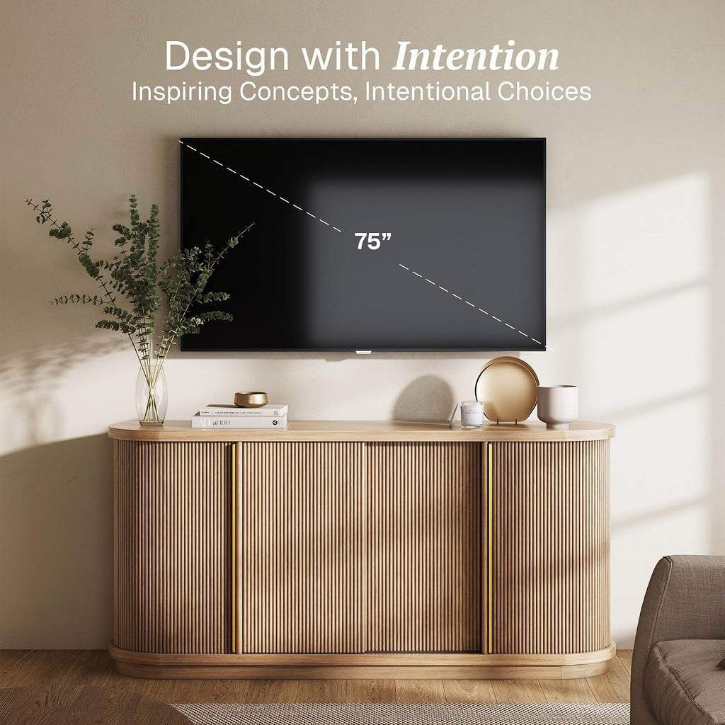 BELLEZE 67' Width 32' Tall Fluted TV Stand, Curved Entertainment Center with Sliding Tambour Doors,Media Console Table for TV up to 75' for Living Room (Camel)