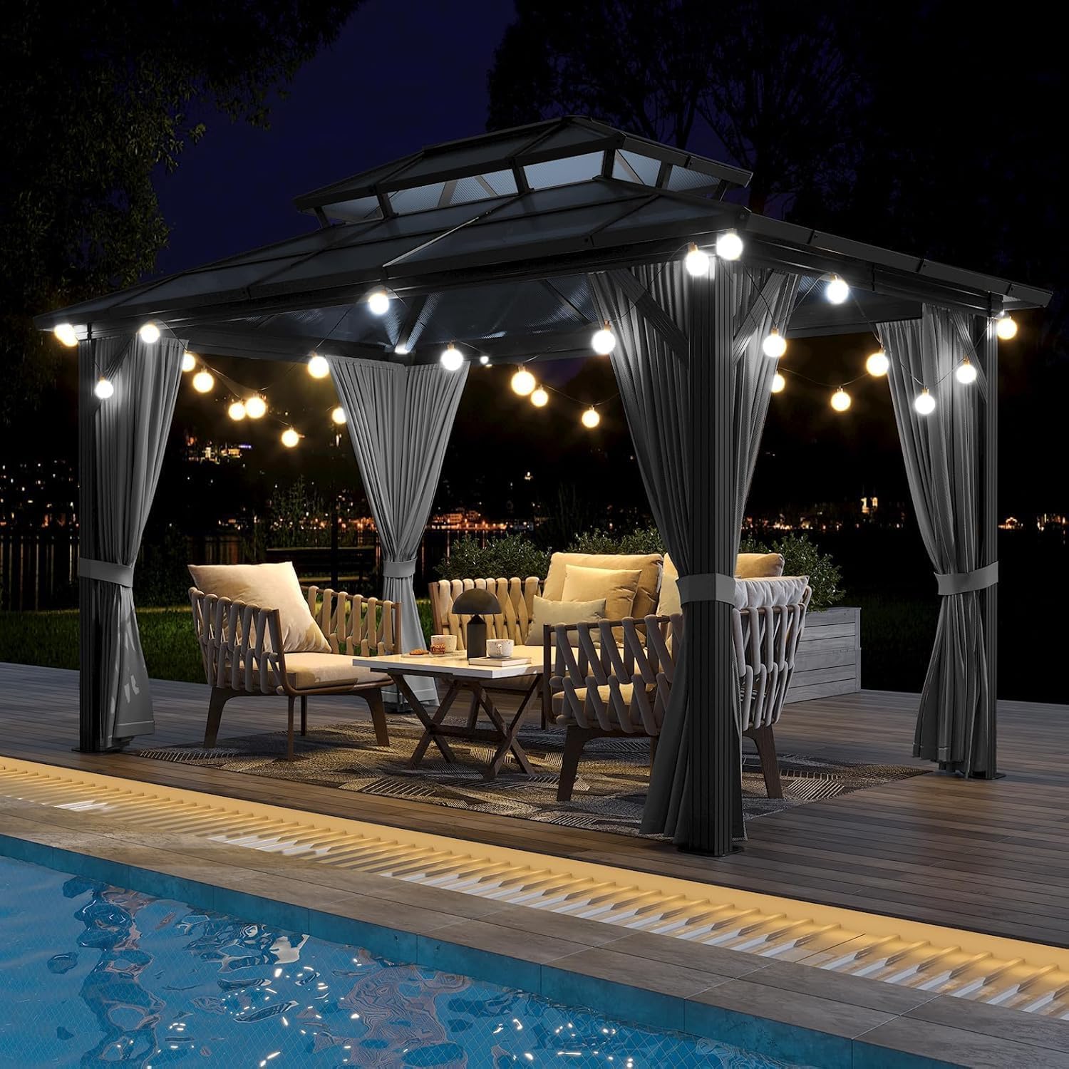 TROPOW 10×12 FT Hardtop Gazebo with Polycarbonate Double Roof, Gray Aluminum Frame Outdoor Patio Gazebo with 2 Track Curtains & Netting, Water-Drainage, UV Protection, Permanent Backyard Canopy