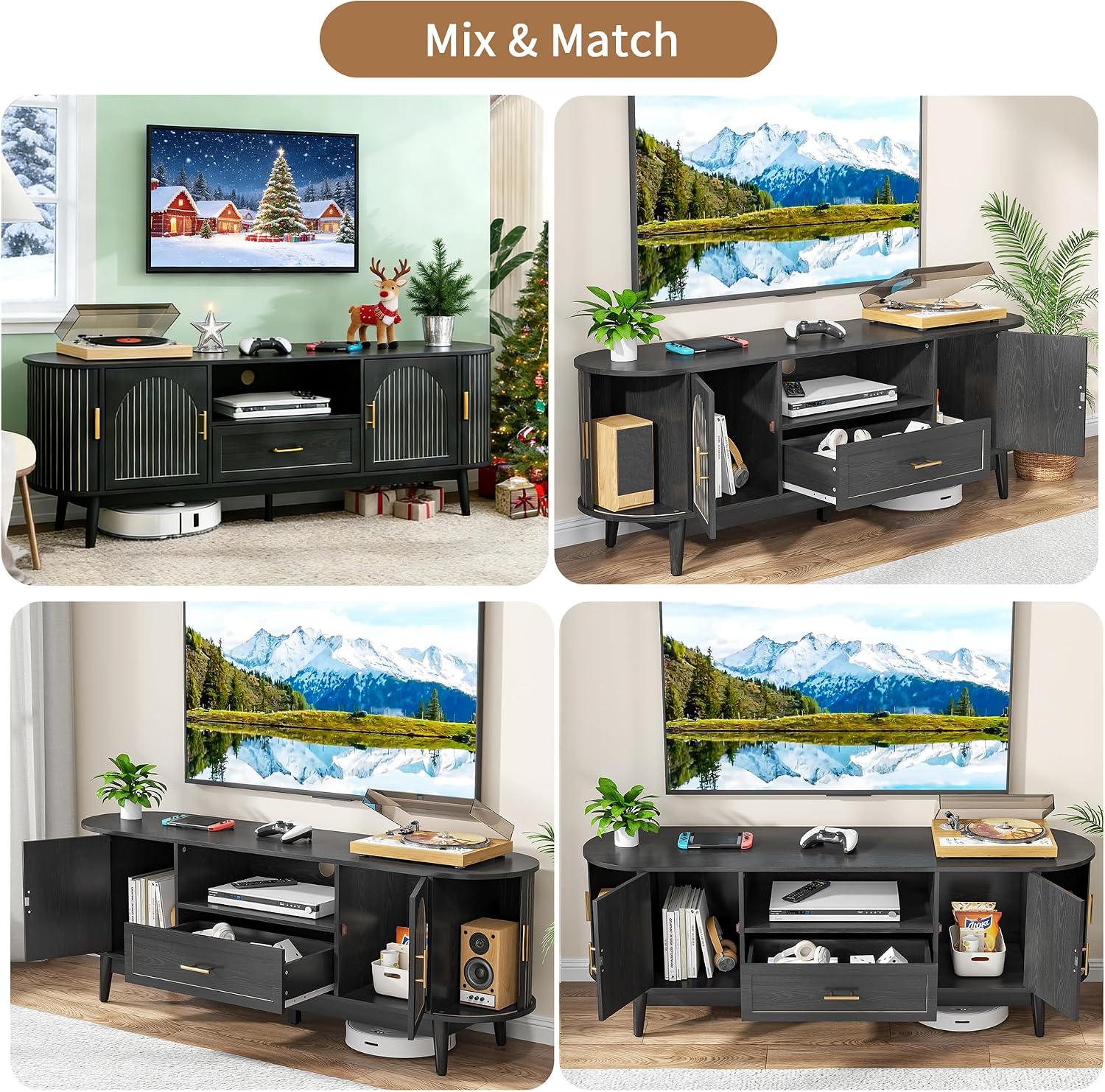 70' Fluted TV Stand for Tvs up to 80', Mid-Century Modern Entertainment Center with Drawers and Fluted Doors, Curved TV Media Console Table with Sliding Doors for Living Room, Bedroom (70' Black)