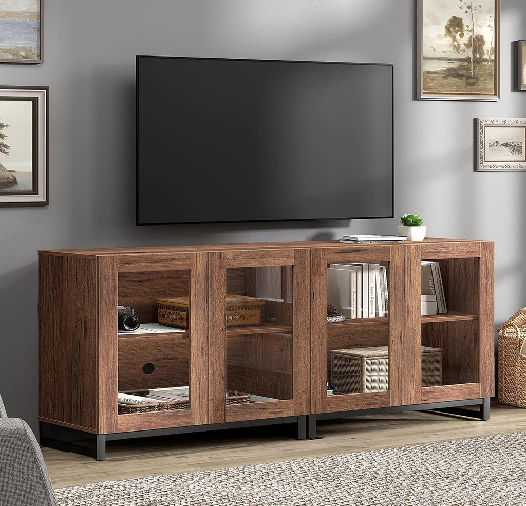 WAMPAT Modern TV Stand with Glass Doors for 40-70 inch TVs, 2 in 1 Entertainment Center Console with Adjustable Shelves and Metal Base for Living Room, Bedroom, Brown