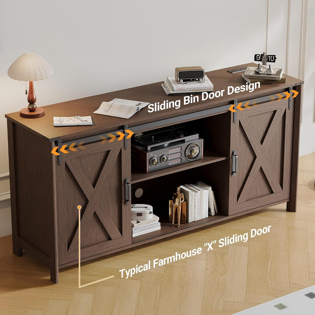 Claiks Farmhouse TV Stand with Power Outlet for TV up to 65', Modern Entertainment Center with Sliding Barn Door & Cabinet, Rustic Media TV Console Table for Living Room, Walnut