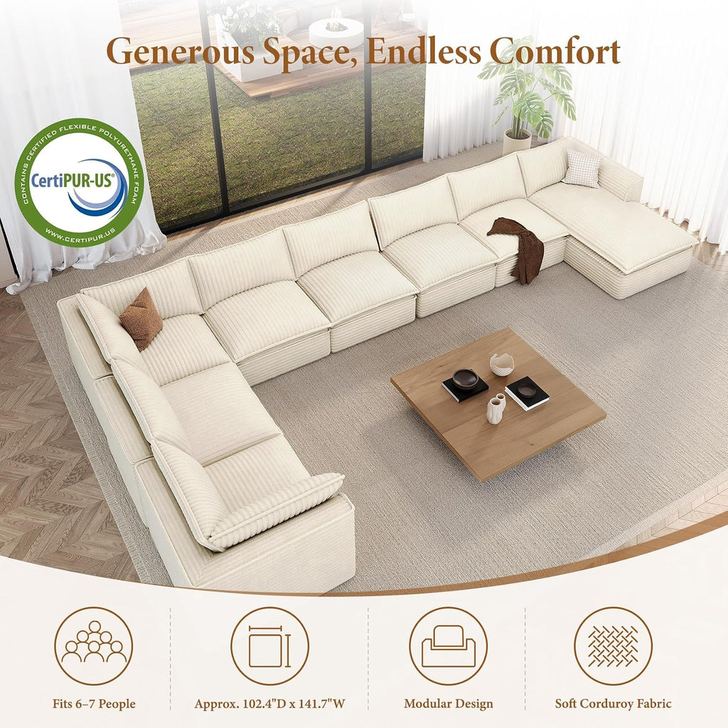 Vesgantti 204.7' Oversized Sectional Boneless Couch, Modern 9 Seater Modular Sofa with Chaise, Deep Seat Convertible Plush Corduroy Cloud Couches for Living Room, No Assembly Required, Beige