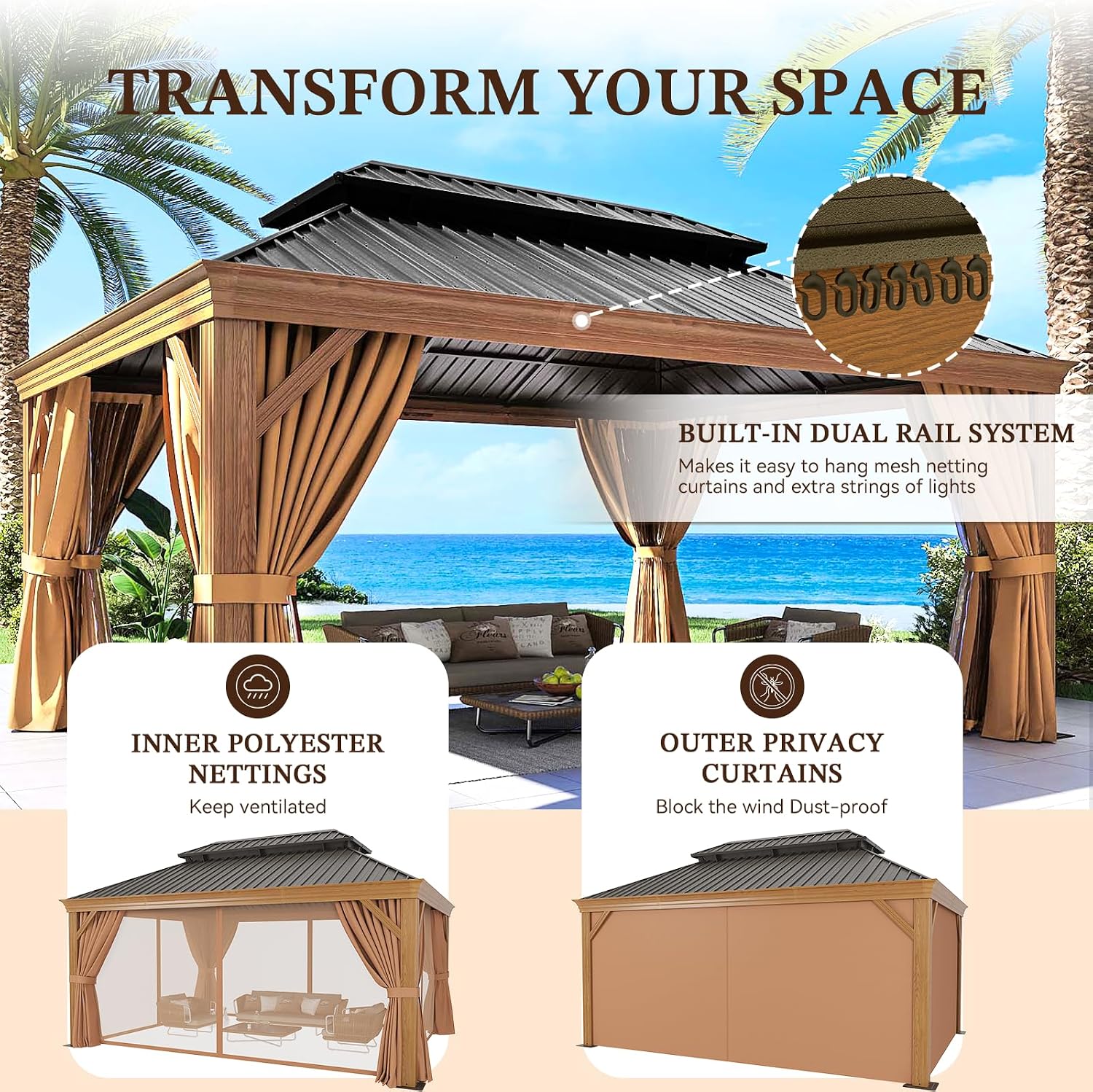 Gazebo 12ft x 16ft, Wooden Finish Coated Aluminum Frame Canopy, Galvanized Steel Double Top, Outdoor Permanent Metal Pavilion with Privacy Curtains and Netting, for Patio, Deck and Backyard