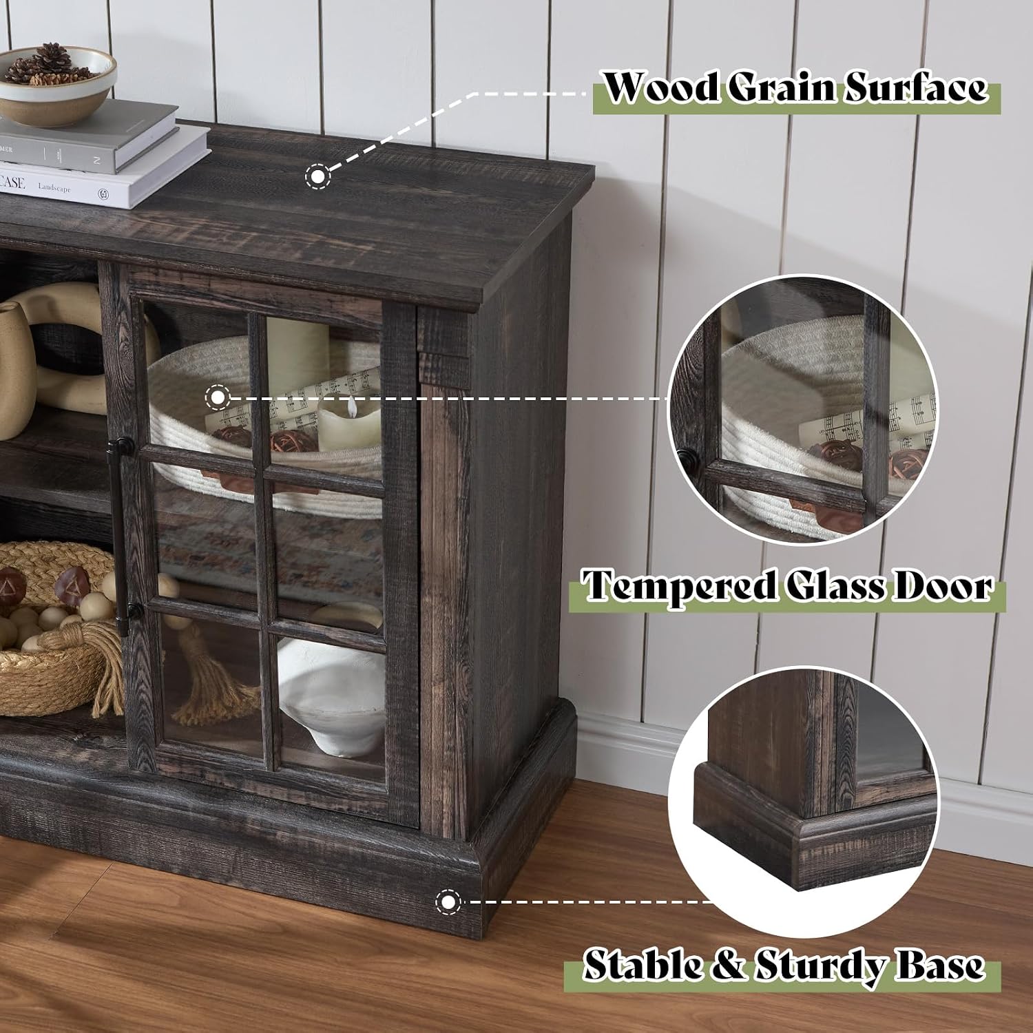AMERLIFE 97' Farmhouse Fireplace TV Stand, Entertainment Center with Large Storage Space and Adjustable Shelf, Media Console for Living Room, Black