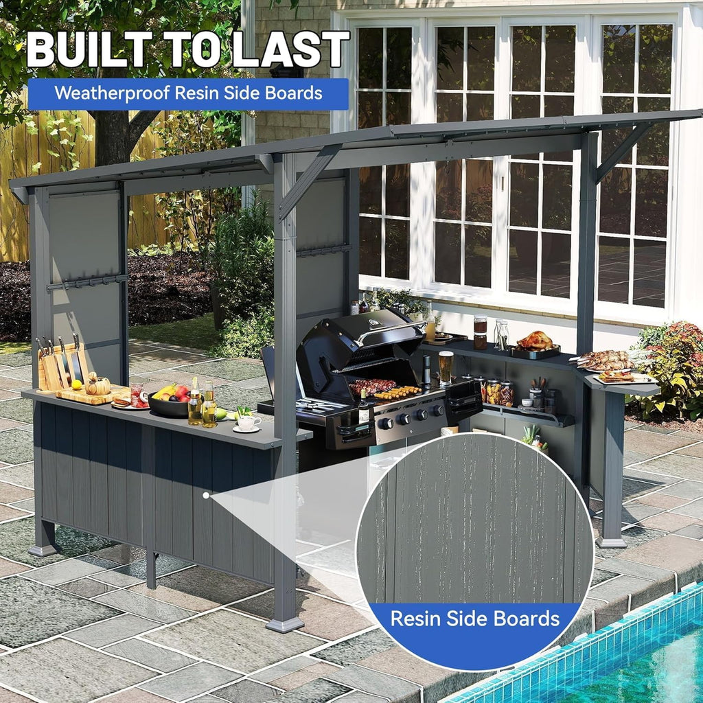 GOWE 9X10FT Hardtop Grill Gazebo, Lean to Outdoor BBQ Gazebo with Storage Shelves and Expansion Platform, Galvanized Steel Permanent Hard top Grill Canopy for Patio Backyard Lawn Garden -Grey