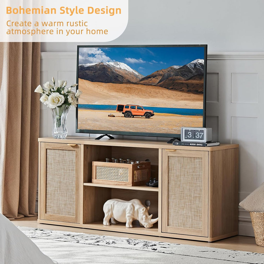 LEYAOYAO Rattan TV Stands for Living Room, Boho TV Cabinet with Storage and Open Shelf, Rustic Wood Entertainment Center, Media Console for 50-65 Inch TV, Natural Wood