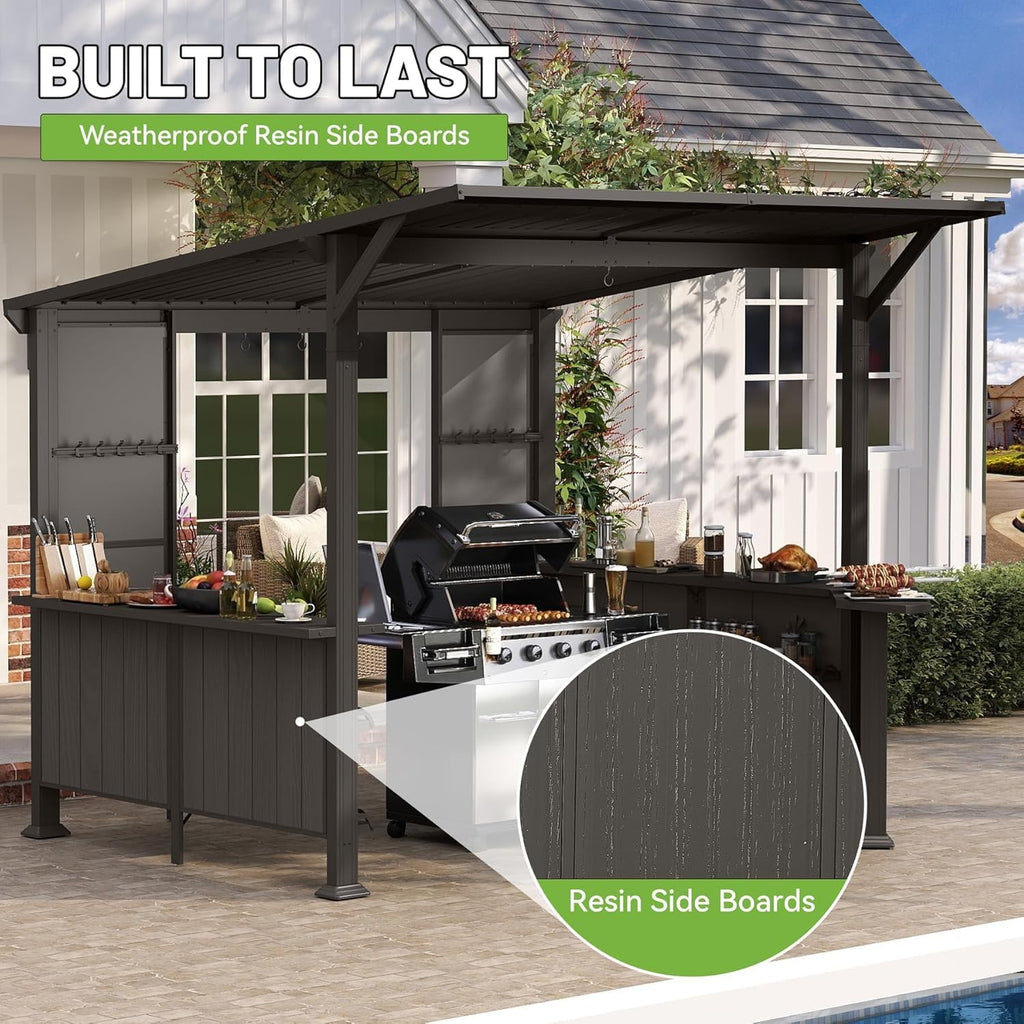 GOWE 9X10FT Hardtop Grill Gazebo, Lean to Outdoor BBQ Gazebo with Storage Shelves and Expansion Platform, Galvanized Steel Permanent Hard top Grill Canopy for Patio Backyard Lawn Garden -Brown