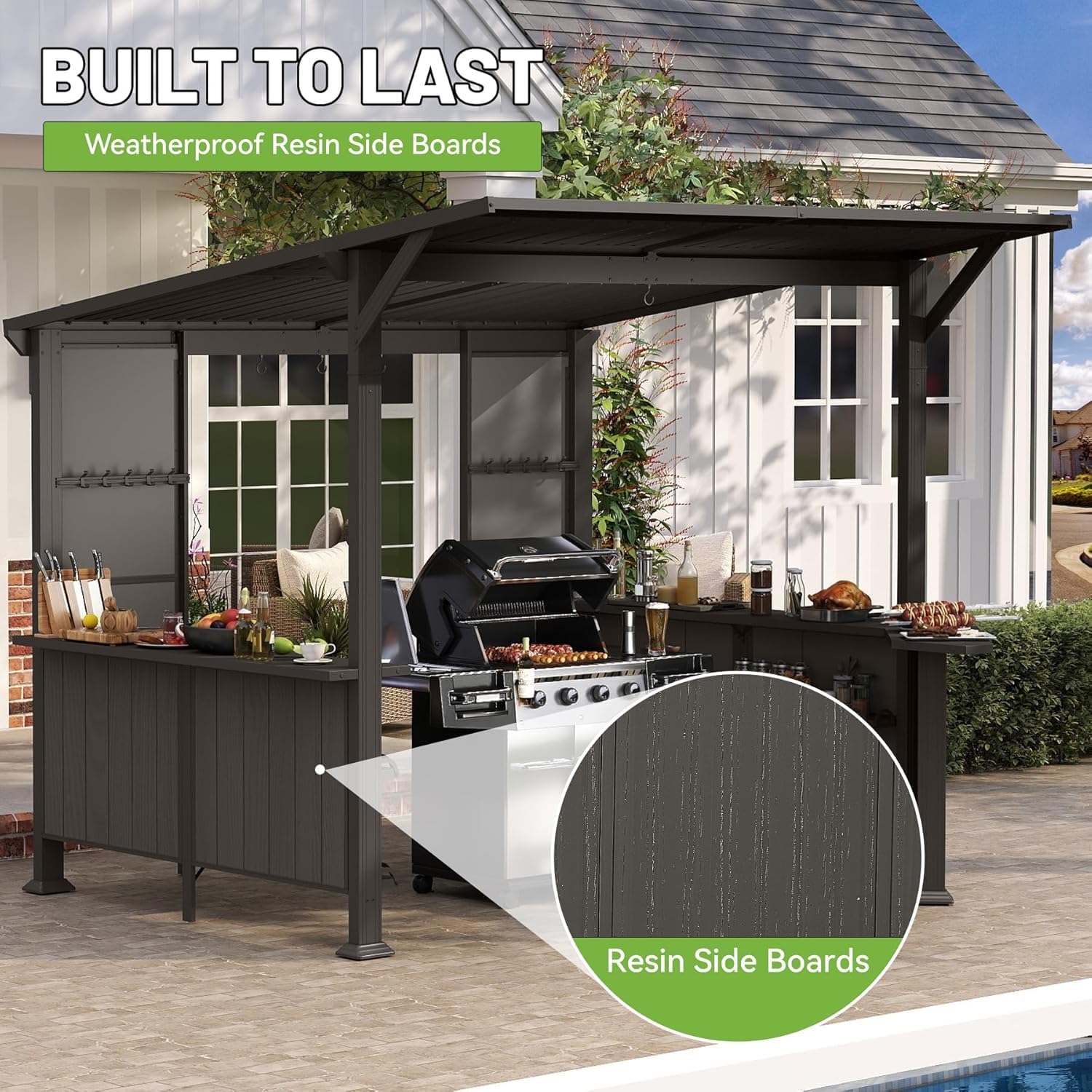 GOWE 9X10FT Hardtop Grill Gazebo, Lean to Outdoor BBQ Gazebo with Storage Shelves and Expansion Platform, Galvanized Steel Permanent Hard top Grill Canopy for Patio Backyard Lawn Garden -Brown