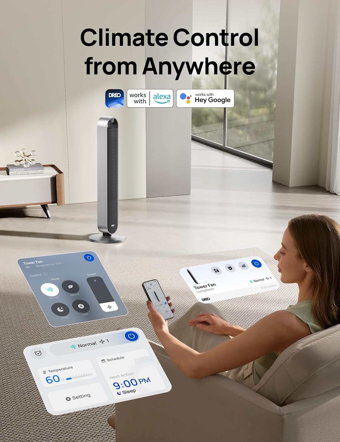DREO Tower Fan for Bedroom, 42 Inch 120° Oscillating Fan, 20dB Quiet DC Motor, 28ft/s Velocity Bladeless Standing Fan with 12 Speeds, 4 Modes, 12H Timer Cooling Fans for Home, Living Room