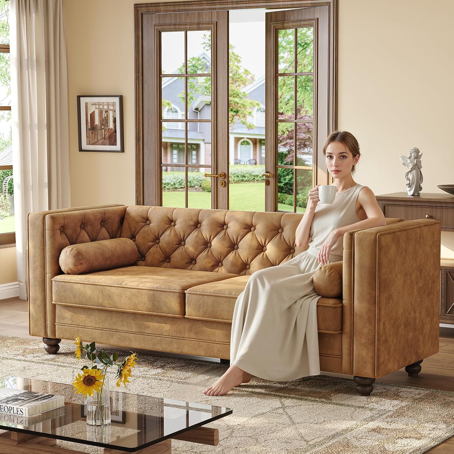 ONBRILL 79'' Faux Leather Couch for Living Room, Comfy Chesterfield Button-Tufted Sofa with 2 Bolster Pillows and Wood Legs, Mid-Century Modern Deep Seat Couch for Apartment, Office, Caramel