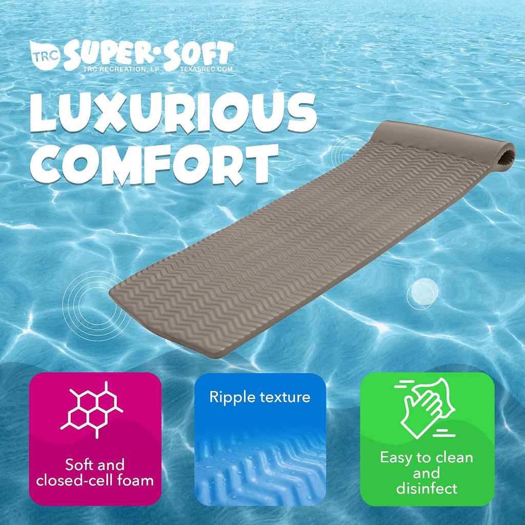 TRC Recreation Serenity 1.5' Thick Vinyl Coated Foam Swimming Pool Float Mat Adult Lounger with Built-in Roll Pillow