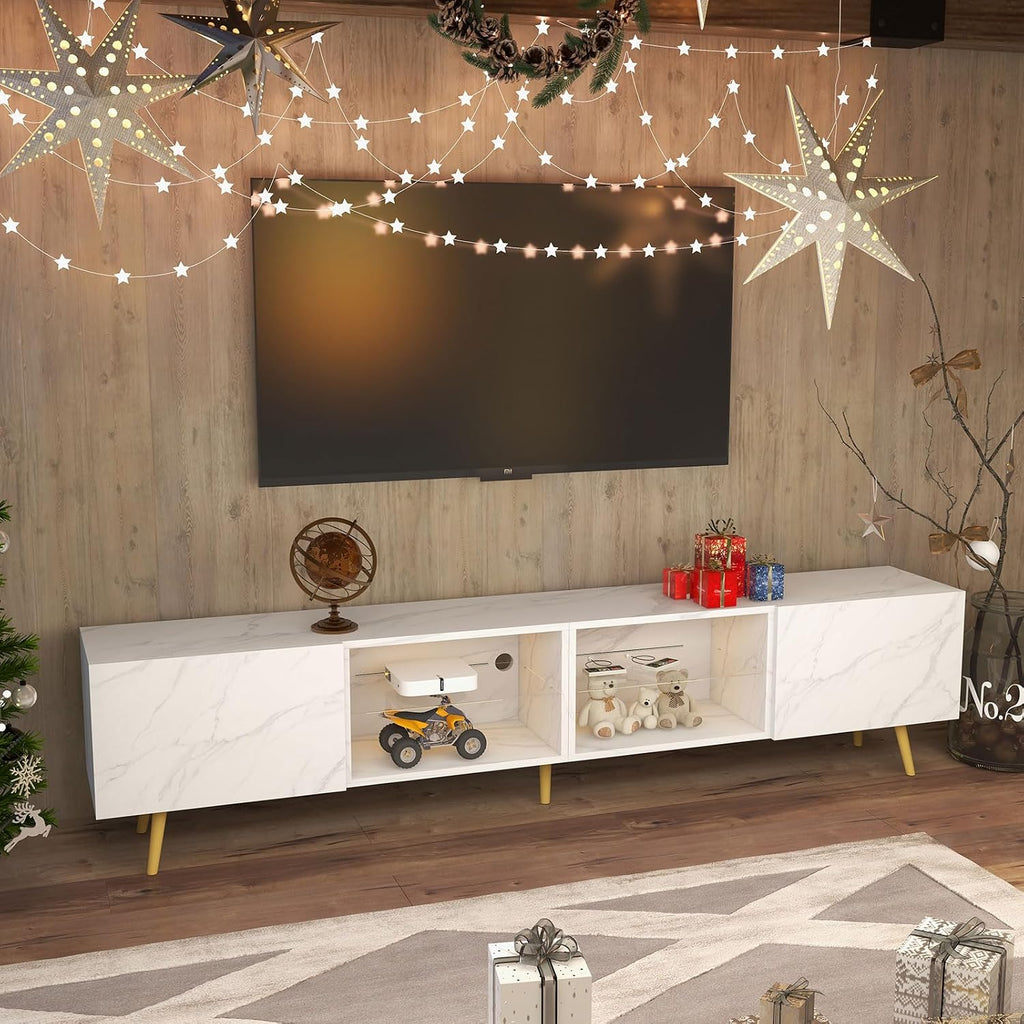Bonzy Home 86' LED TV Stand, Modern Entertainment Center up to 75' TV, Television Console Table with Storage Cabinets for Living Room, White Marble