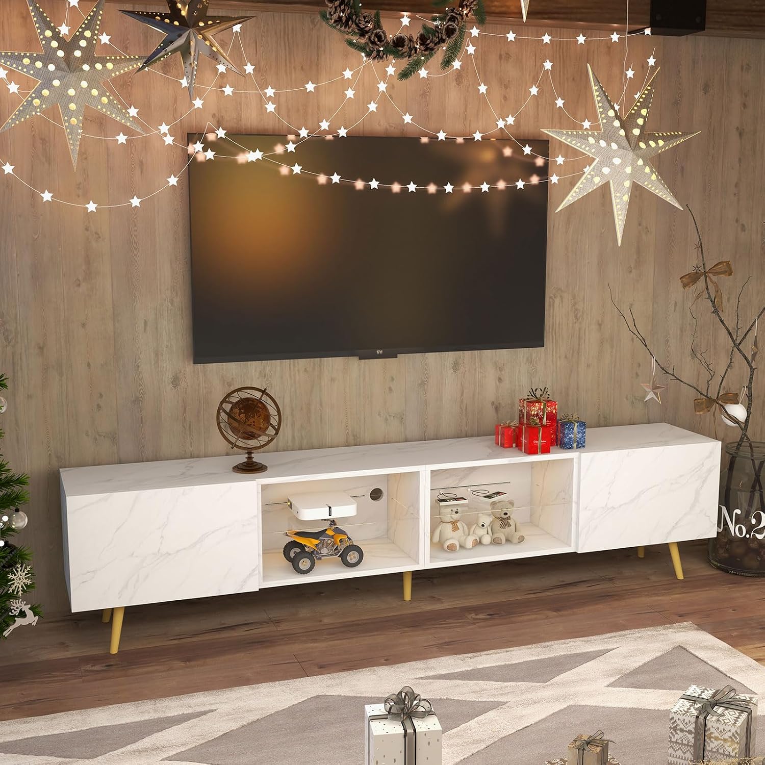 Bonzy Home 86' LED TV Stand, Modern Entertainment Center up to 75' TV, Television Console Table with Storage Cabinets for Living Room, White Marble