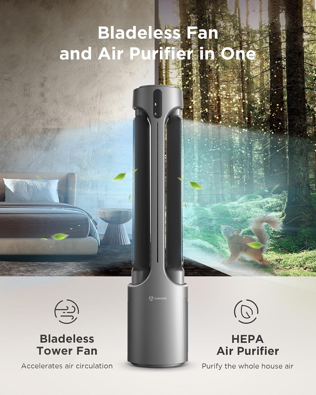 AIRMATE Air Purifier Bladeless Tower Fans, 1500CFM Large Air Volume, 45' 2-in-1 Standing Fan for Bedroom & Home, 28ft/s Velocity, 90° Oscillation, 15H Timer, Low Noise, Silver