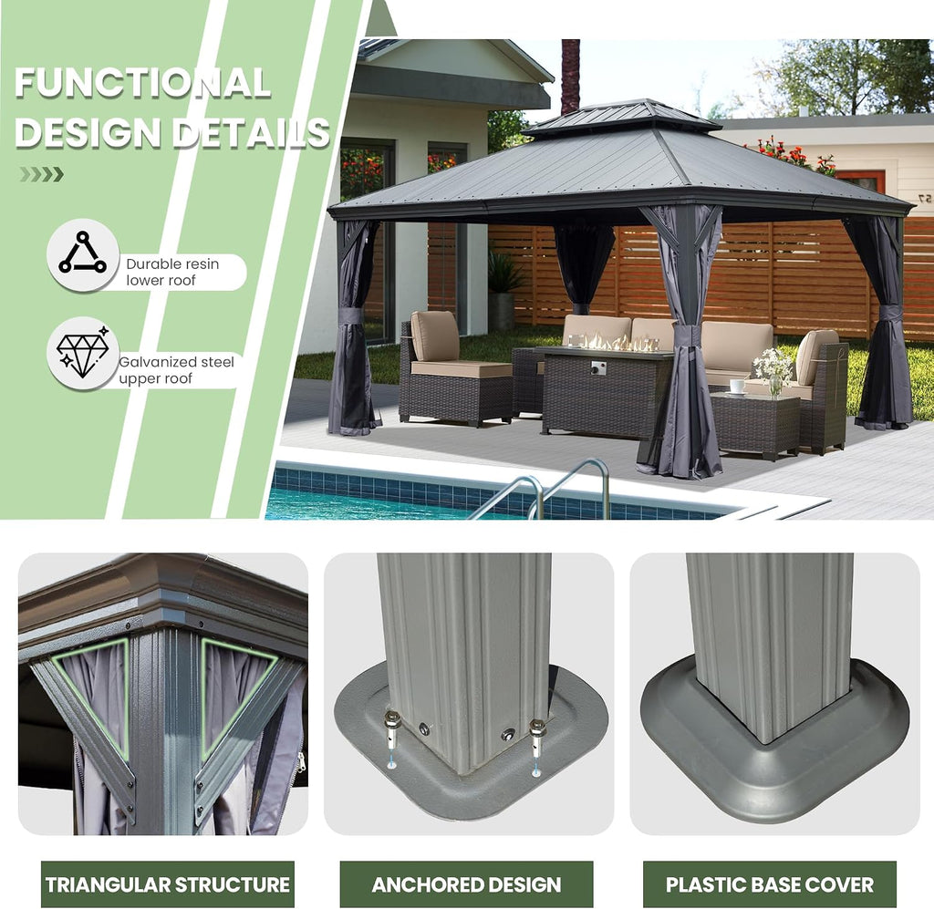 Domi 10' X 12' Hardtop Gazebo, Upgraded Metal Gazebo with Dual-Layer Resin Roof, Drainage System, Curtain and Netting, Outdoor Shelter Canopy for Patio, Garden, and Backyard, Grey