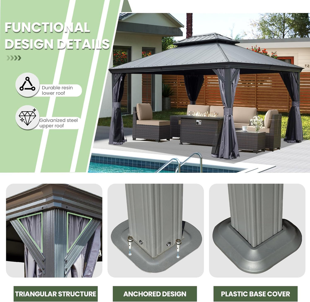 Domi 12' X 12' Hardtop Gazebo, Upgraded Metal Gazebo with Dual-Layer Resin Roof, Drainage System, Curtain and Netting, Outdoor Shelter Canopy for Patio, Garden, and Backyard, Grey
