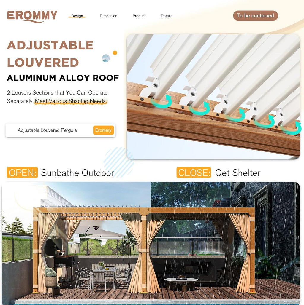 EROMMY Louvered Pergola 10x20, Outdoor Aluminum Pergola with Adjustable Rainproof Roof for Garden, Patio, Deck, Waterproof Curtains and Netting Included, Wood Grain