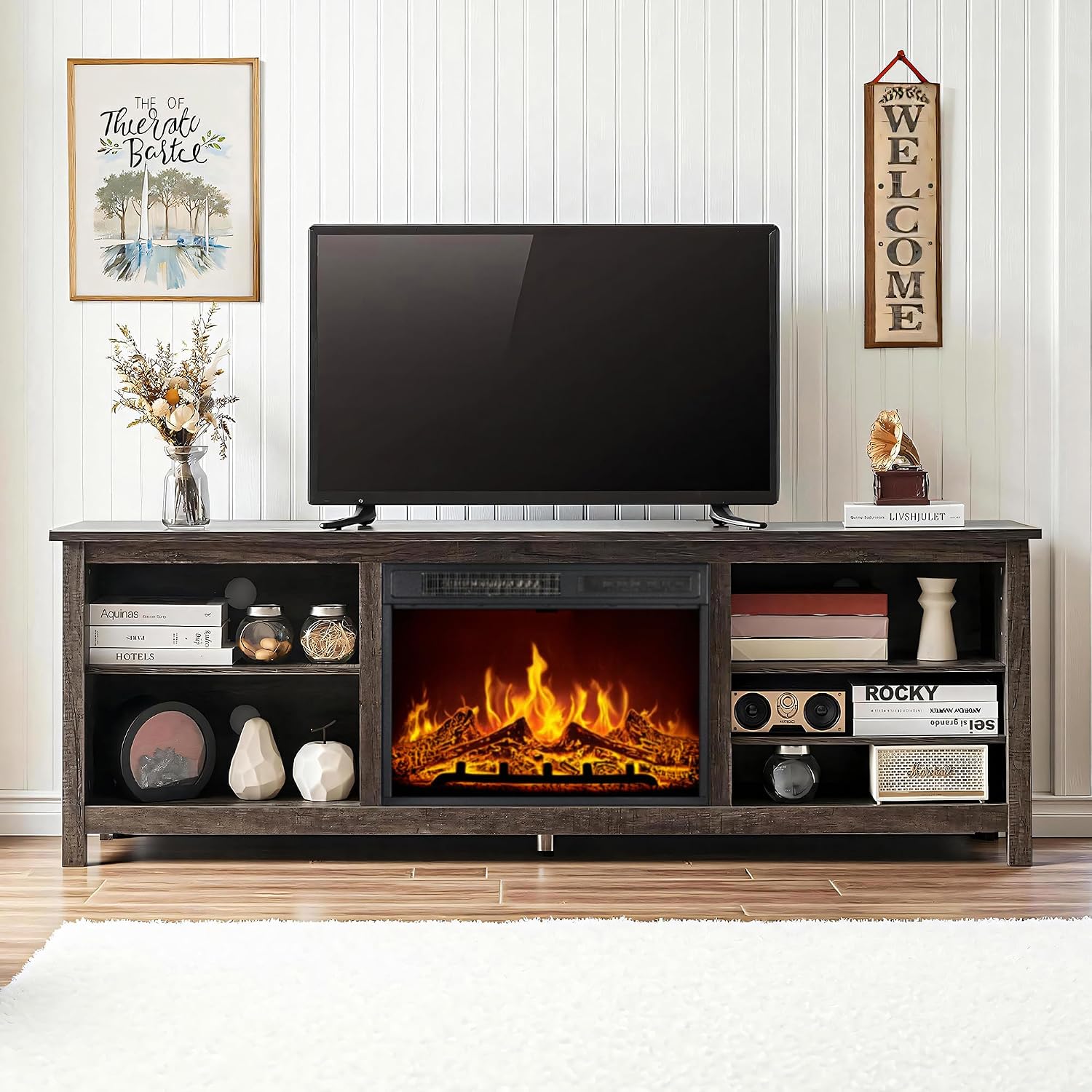 AMERLIFE Fireplace TV Stand, Wood Texture Entertainment Center with 23' Electric Fireplace, Farmhouse Entertainment Stand Media TV Console for TVs Up to 80', 70 inches, Rustic Grey