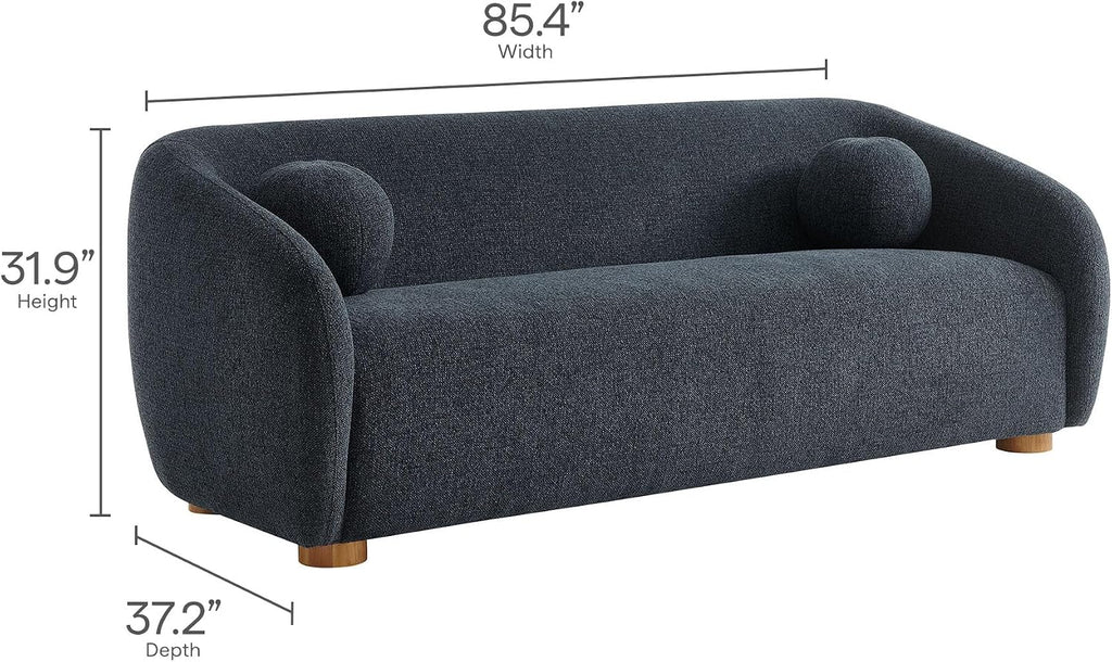 Modway Holland 85 Inch Minimalist Curved Back Sofa in Navy – Chenille Fabric Sofa with Ball Throw Pillows and Wood Feet – Modern 3-Seater Couch for Living Room
