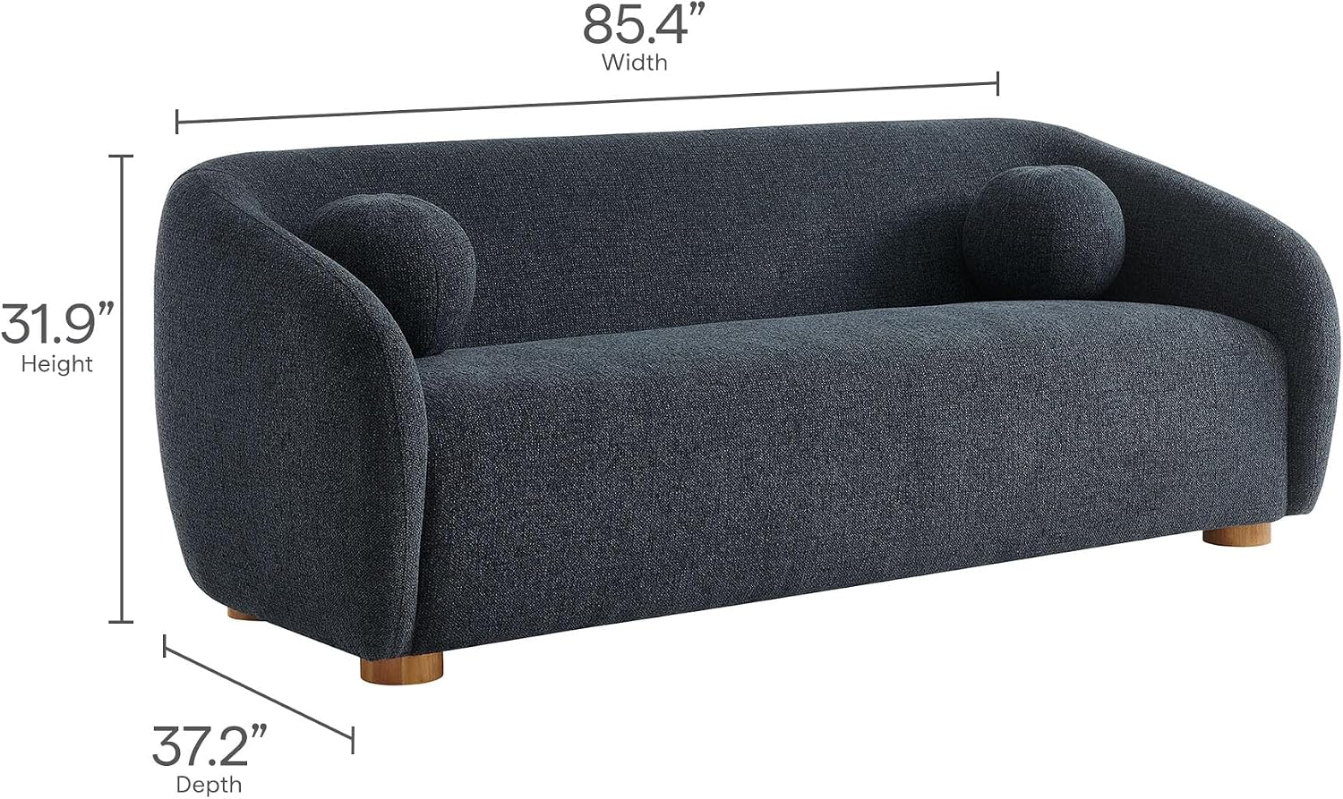 Modway Holland 85 Inch Minimalist Curved Back Sofa in Navy – Chenille Fabric Sofa with Ball Throw Pillows and Wood Feet – Modern 3-Seater Couch for Living Room