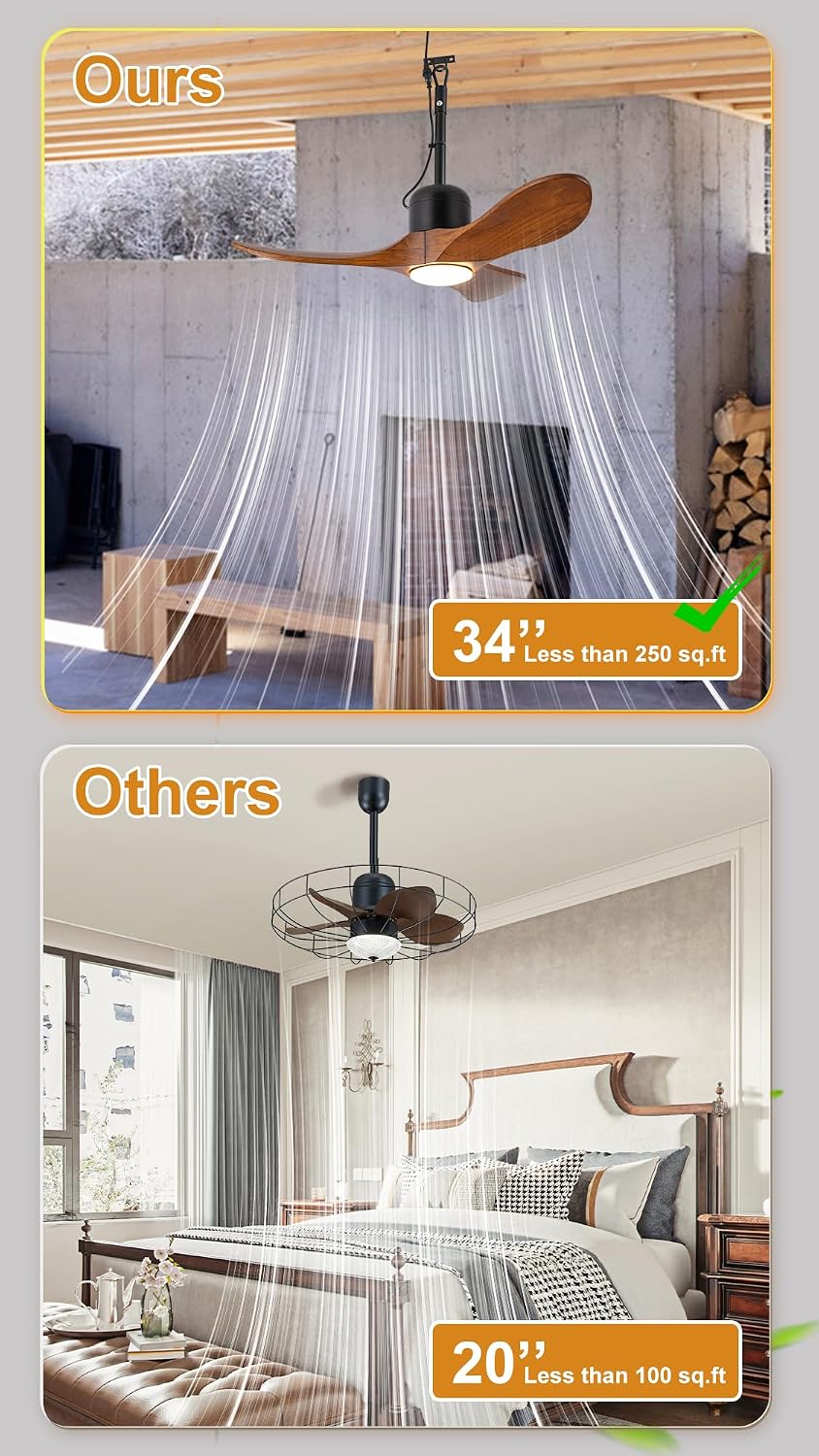 34 Inch Outdoor Ceiling Fan with Light and Remote, Wet Rated Wood Gazebo Fan with 16ft Plug-in Cord, 3 Walnut Blades Farmhouse Patio Fan, Reversible DC Motor, Memory Function, Matte Black